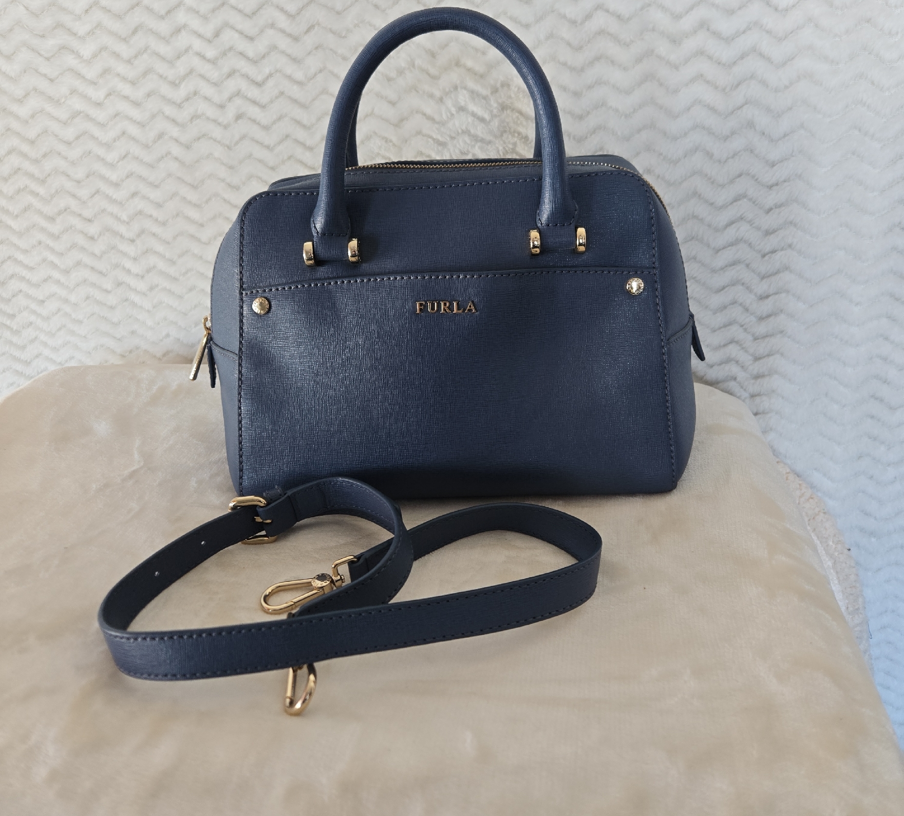 Furla Blue Satchel With Gold Accents